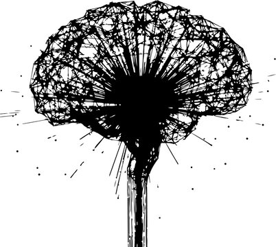 Abstract neural network brain exploding outward with connections against a white backdrop in vector silhouette style Isolated on white background