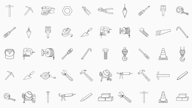 Professional construction tools and hardware vector icon set with editable stroke. This 50 piece minimalist collection of hand-drawn building icons features adjustable line weight and thin outlines.