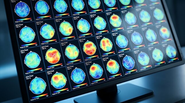 Computer screen displaying complex EEG brain activity maps for clinical neuroscience research