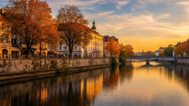 Historic city buildings and autumn trees reflecting in canal at sunset
