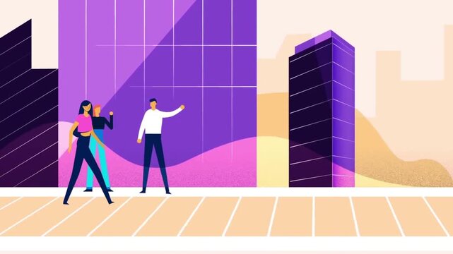 People Walking on Sidewalk in Abstract Geometric City 2D Animation &ndash; Urban Lifestyle, Commute, Downtown Street, and Modern Architecture Concept