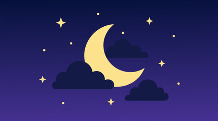 Naklejka premium Moonlit night gradient vector background from deep midnight blue to soft violet, golden crescent, clouds and stars, calm dreamy atmosphere for sleep, nursery, meditation and celestial design