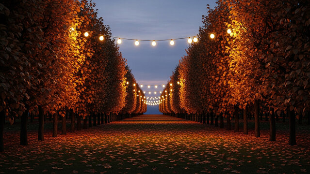 Symmetrical park alley with fall foliage and hanging fairy lights