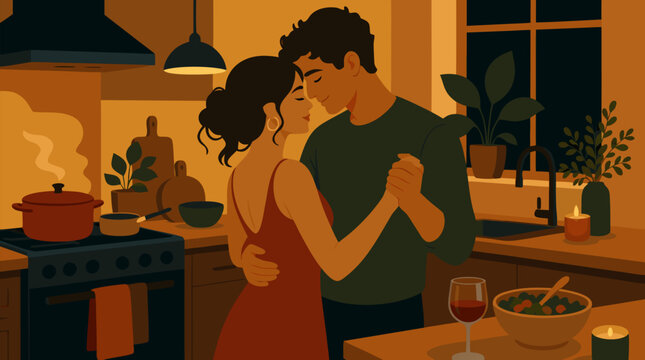 Tender couple slow dancing in a cozy amber kitchen while dinner cooks, wine and candlelight nearby, warm vector illustration of love, intimacy, home comfort and everyday romance moments