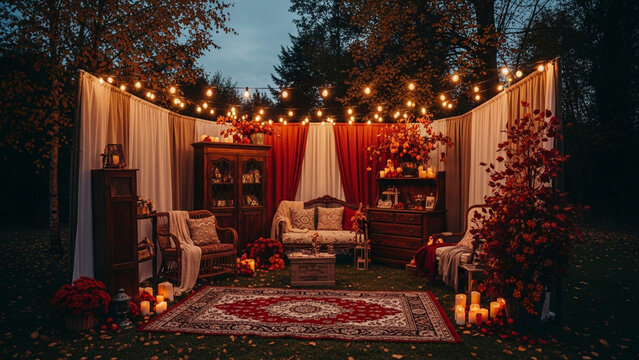 Cozy outdoor lounge with vintage furniture and warm string lights