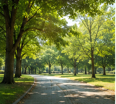 Shaded walking path beneath green trees in summer