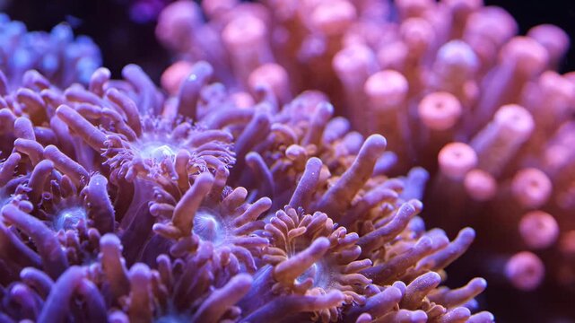 Colorful coral reef tentacles swaying gently underwater for marine biology and nature content