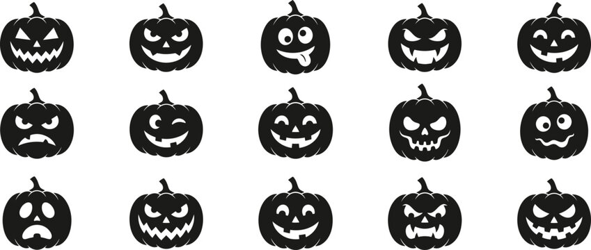 Large set of fifteen black pumpkin silhouettes showing varied funny and spooky expressions for seasonal design with jackolantern silhouette halloween expression collection