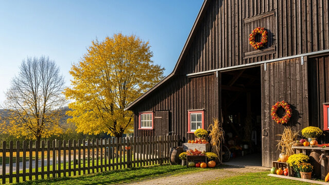 Rustic barn decorated for autumn with pumpkins and fall foliage