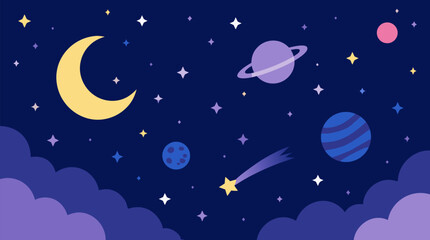 Fototapeta premium Dreamy midnight blue cosmic vector background with crescent moon, planets, shooting star, clouds and sparkling stars, whimsical night sky illustration for kids, wallpapers, invitations and posters