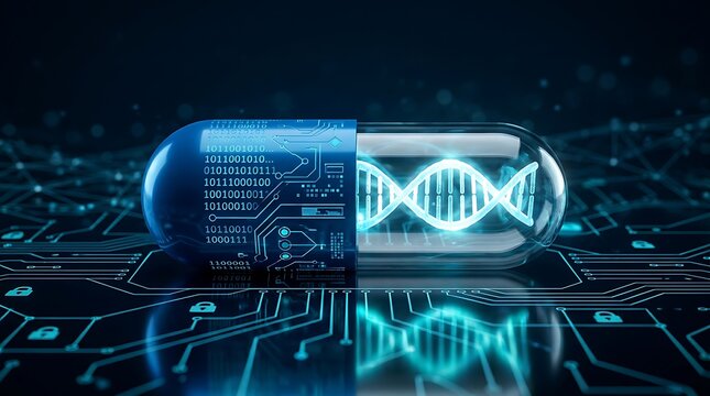 Digital medical pill with DNA helix and binary code for advanced pharmaceutical innovation