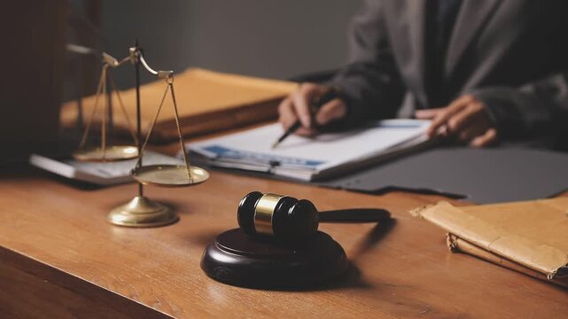 Judge gavel with Justice lawyers having team meeting at law firm in background. Notary with client in office