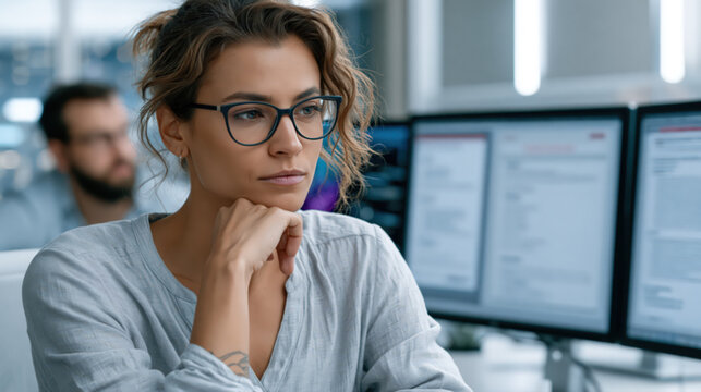 IT professional in a modern office workspace with dual monitors showing a digital resume