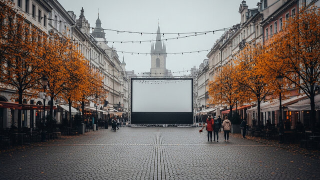 Large outdoor cinema screen in a historic autumn city square