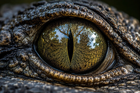 Detailed macro shot of a crocodile eye with golden iris