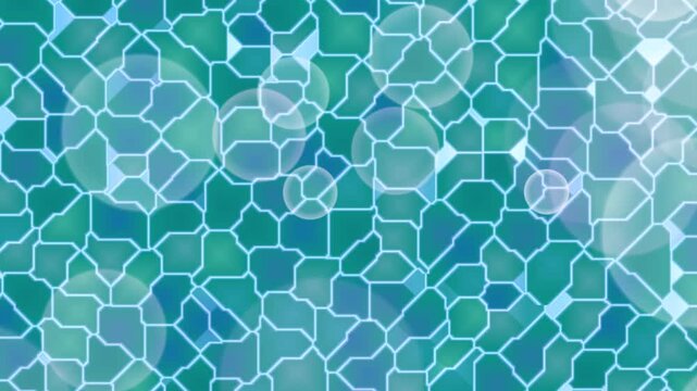 Abstract blue-green geometric grid pattern with glowing lines and transparent circles creating a modern background design texture