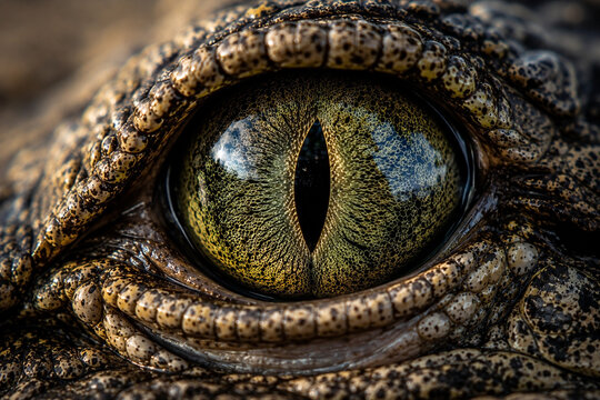 Extreme macro view of a scaly crocodile eye with vertical pupil