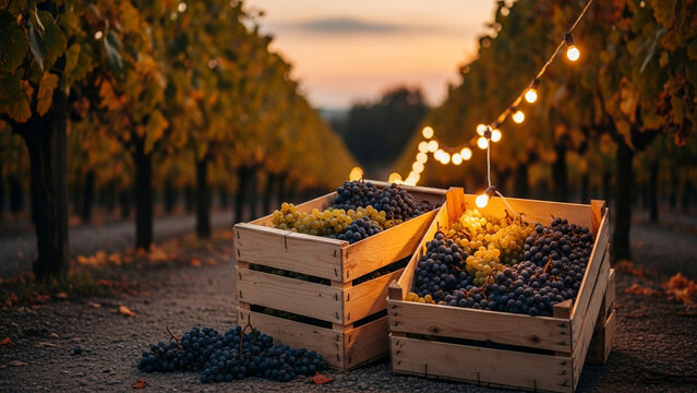 Freshly harvested grapes in wooden crates at sunset vineyard