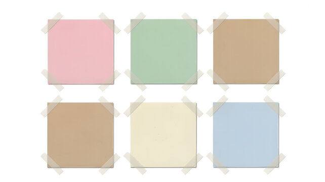 Six Pastel Square Notes Taped On Black isolated on a transparent background squares pink green