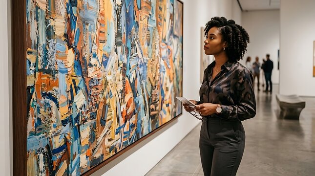 Young woman admiring abstract artwork in a modern art gallery