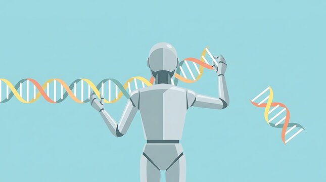 Robot manipulating DNA strand for genetic engineering research in modern science laboratory