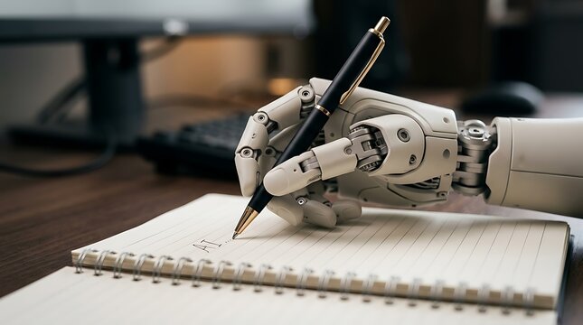 Robotic hand writing AI on notebook with pen in modern professional office environment