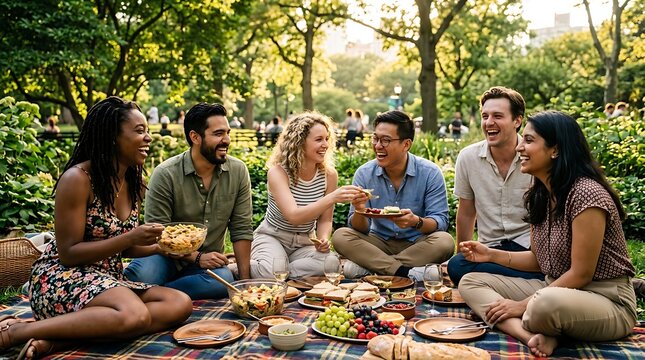 Happy diverse friends enjoying a summer picnic in a lush park