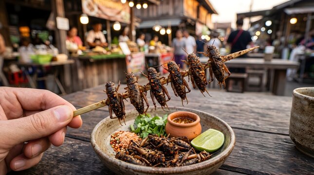 Grilled Crickets on Skewer Served as Traditional Street Food at Local Night Market.
