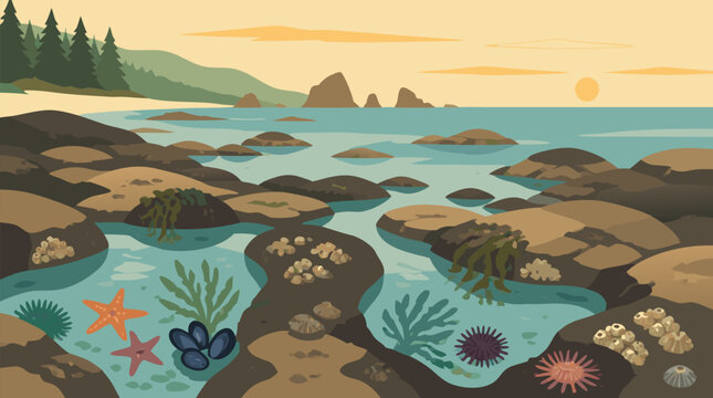 Rocky tide pools at low tide with calm reflective turquoise water, sea stars, mussels, anemones and distant coastal cliffs in soft morning light, peaceful vector seashore ecosystem scene
