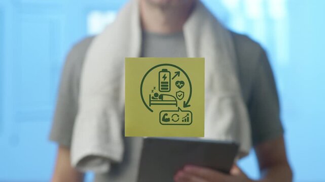 Athlete with a towel plans a recovery day using a tablet, emphasizing the importance of rest, sleep, and nutrition for muscle growth, energy recharge, and overall health after training