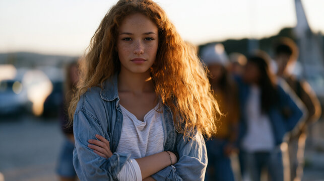 Teen peer pressure scene in a school parking lot at dusk, a girl crossing her arms and looking away from a group pressuring her, distant expression, courage in refusal, adolescent