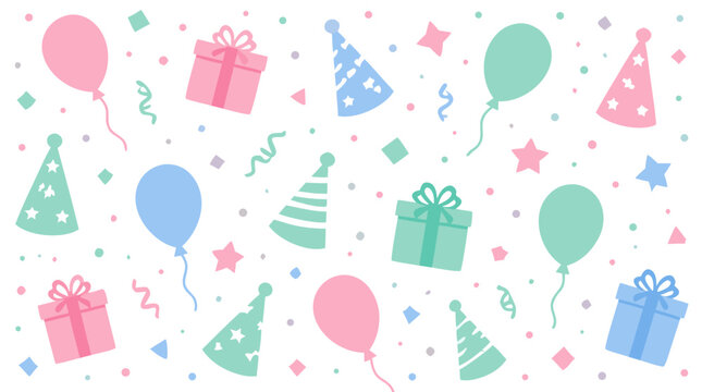 Pastel party confetti vector pattern with balloons, gift boxes, hats, stars and streamers on clean white background, playful celebration wallpaper for birthdays, showers and festive events