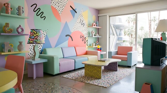 Retro Pastel Living Room Interior With Colorful Memphis Style Decor, Geometric Patterns, Vintage Sofa And Modern Home Design