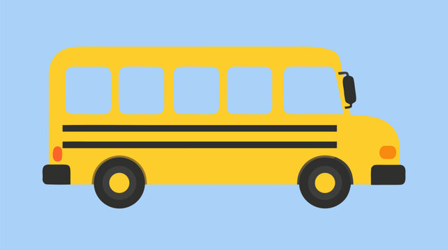 Rounded yellow school bus side view with simple black wheels, clean windows and soft pale blue background, a friendly flat vector icon for education travel design and transport apps