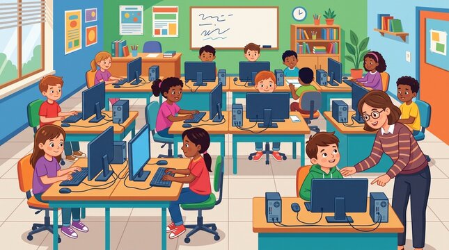 Diverse elementary school students learning computer skills in a bright classroom with a supportive teacher guiding their digital literacy development