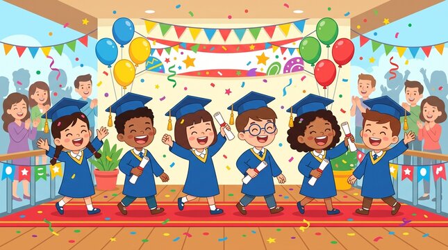 Cheerful diverse children celebrating graduation ceremony with diplomas and confetti on a festive stage decorated with colorful balloons with holding diploma scrolls