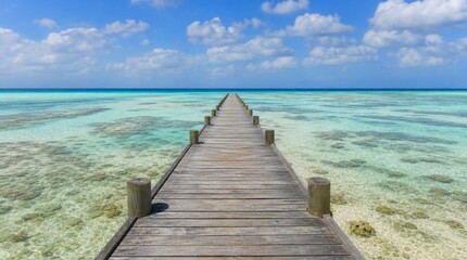 Obraz premium A wooden pier stretches over shallow turquoise tropical water toward the horizon under a blue sky, ideal for promoting beach vacations and resort travel.