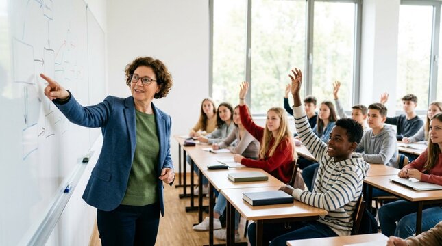A teacher points to a whiteboard while engaged high school students raise their hands in a bright classroom, useful for education, learning, and school campaign themes.
