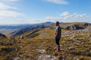 Obraz premium Hiker in profile with Sierra de la Ventana scenic panoramic view as backdrop