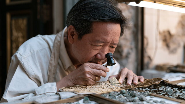 Thai gemologist using a loupe to inspect a raw emerald under bright overhead light in a narrow gem district workshop, trays of uncut stones on velvet cloth, precision trade,