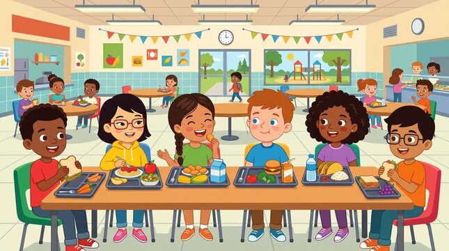 Diverse group of happy school children eating nutritious lunches together at a bright and colorful cafeteria table in a friendly educational setting