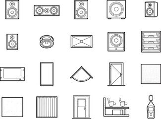 Obraz premium A collection of minimalist vector icons depicts various audio speakers, sound systems, and related components, presented in a clean, line-art style for modern design applications.