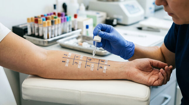 Medical Worker Performing Skin Allergy Test On Patient Arm In Clinic, Healthcare Diagnosis And Allergy Examination Concept