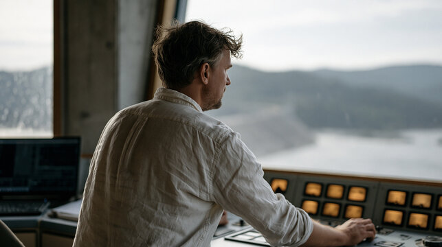 On-call dam operations engineer monitoring water release gates from a concrete control room perched over a reservoir spillway, instrument panels glowing amber, rain streaking the