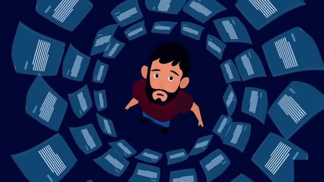 Anxious Man Surrounded by Floating CCTV Security Screens 2D Animation &ndash; Cyber Surveillance Paranoia, Data Privacy Threat, and Tech Anxiety Concept