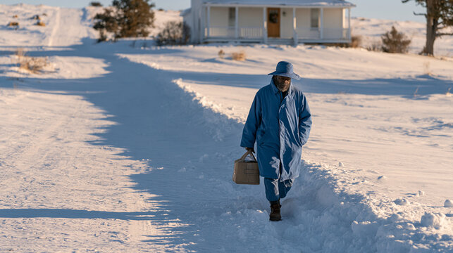 Mail carrier trudging through ankle-deep November snow to deliver a package to a farmhouse porch, frozen rural road behind her, breath visible in cold air, dedication to service,
