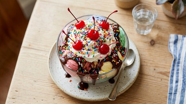 A colorful ice cream sundae with whipped cream, chocolate sauce, sprinkles, and cherries sits on a wooden table for dessert menu or cafe promotion use.