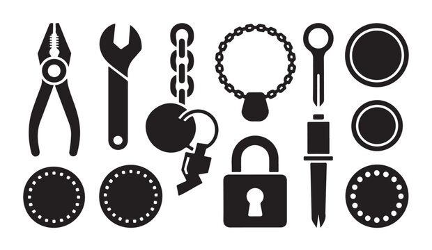 Icons of workshop tools padlock chain and mechanical hardware parts in solid vector set.