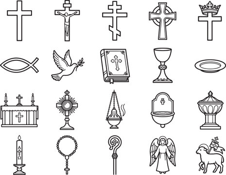 Collection of religious symbols and icons, representing Christianity and other faiths, rendered in a clean, line-art style for easy use.