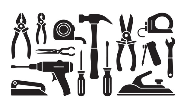 Set of construction and repair tools in black silhouette design elements.